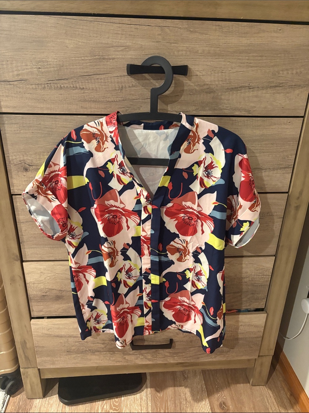 Floral Navy Short-Sleeve V-Neck Blouse